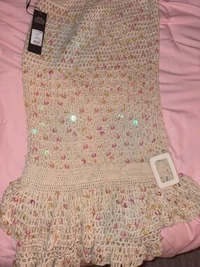 Love Island coverup Cream Crochet Midi Skirt with Multicolor Sequin
